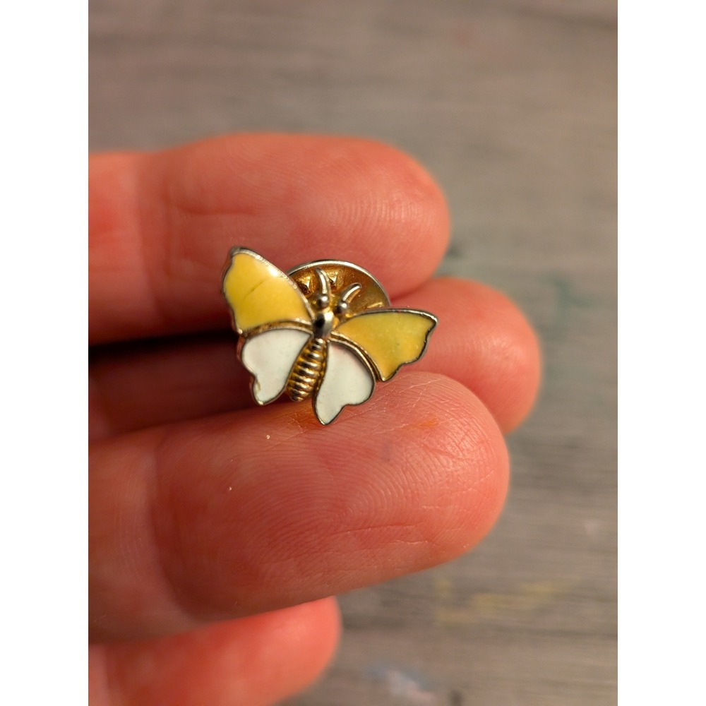 Vintage Butterfly Enamel Lapel Pin Gold Tone Yellow White Insect Hat Pin Tie Tac